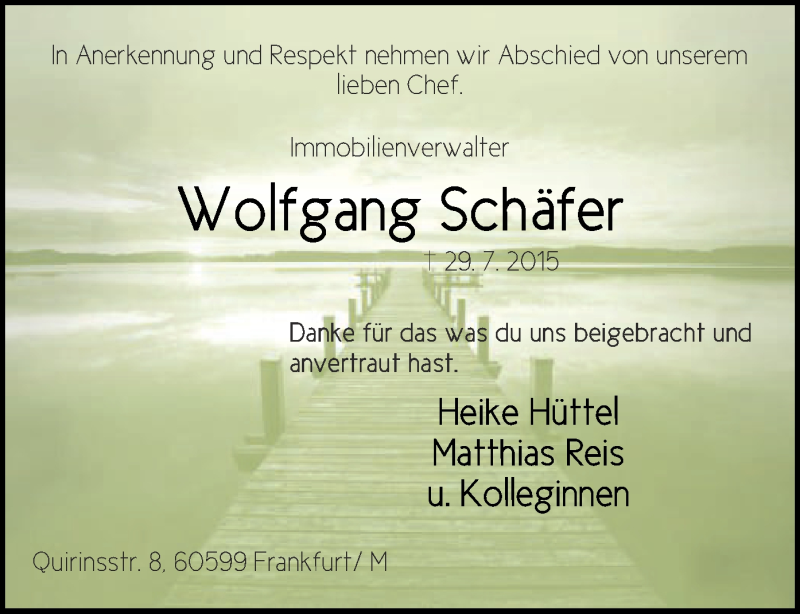  Traueranzeige für Wolfgang Schäfer vom 01.08.2015 aus Offenbach