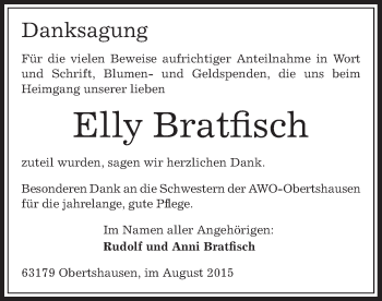 Traueranzeige von Elly Bratfisch von Offenbach