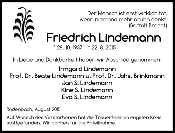 Traueranzeige von Friedrich Lindemann von Offenbach