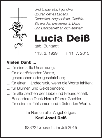 Traueranzeige von Lucia Deiß von Offenbach