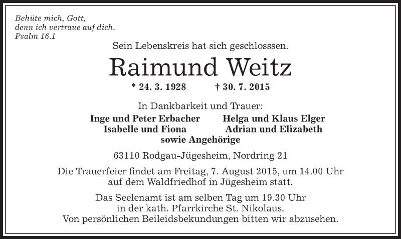  Traueranzeige für Raimund Weitz vom 01.08.2015 aus Offenbach