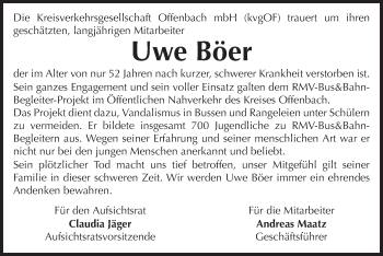 Traueranzeige von Uwe Böer von Offenbach