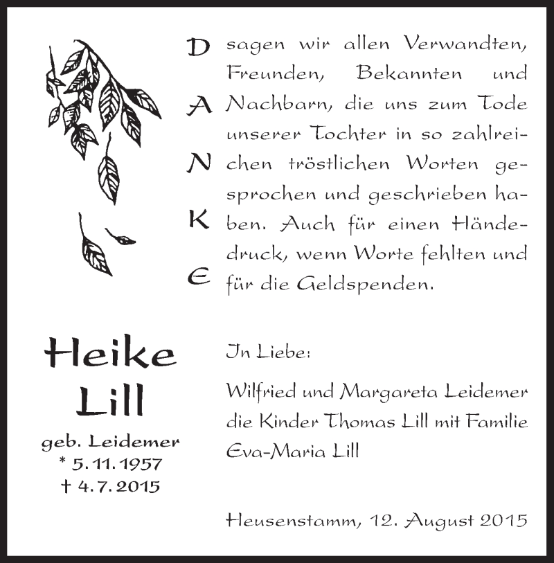  Traueranzeige für Heike Lill vom 12.08.2015 aus Offenbach