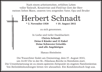 Traueranzeige von Herbert Schnadt von Offenbach