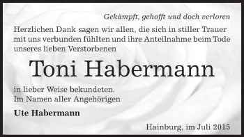 Traueranzeige von Toni Habermann von Offenbach