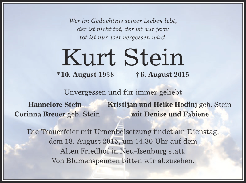  Traueranzeige für Kurt Stein vom 13.08.2015 aus Offenbach