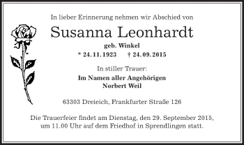 Traueranzeige von Susanna Leonhardt von Offenbach