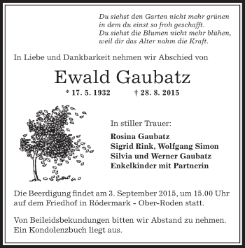 Traueranzeige von Ewald Gaubatz von Offenbach