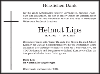 Traueranzeige von Helmut Lips von Offenbach