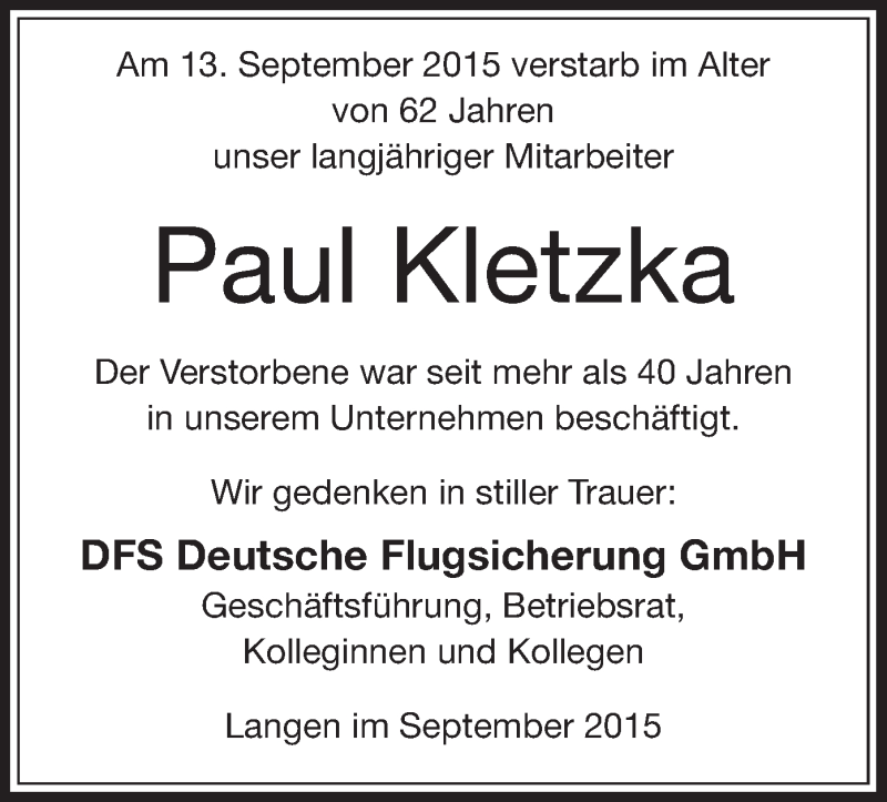  Traueranzeige für Paul Kletzka vom 19.09.2015 aus Offenbach