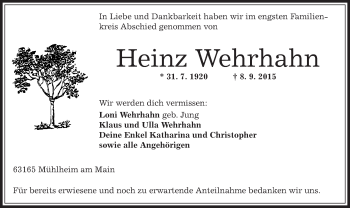 Traueranzeige von Heinz Wehrhahn von Offenbach