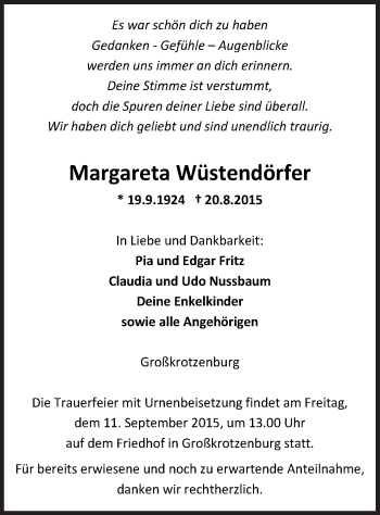 Traueranzeige von Margareta Wüstendörfer von Offenbach