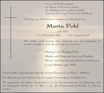 Traueranzeige von Maria Pohl von Offenbach