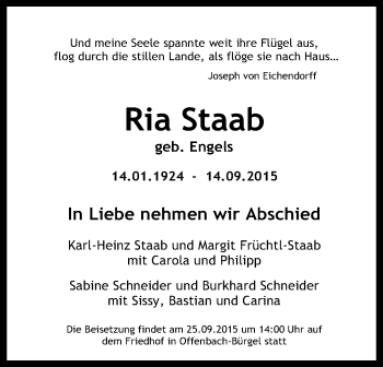 Traueranzeige von Ria Staab von Offenbach