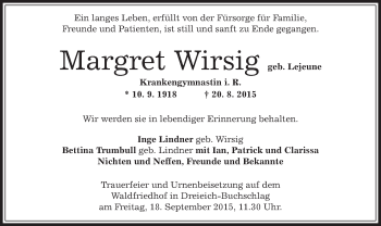 Traueranzeige von Margret Wirsig von Offenbach