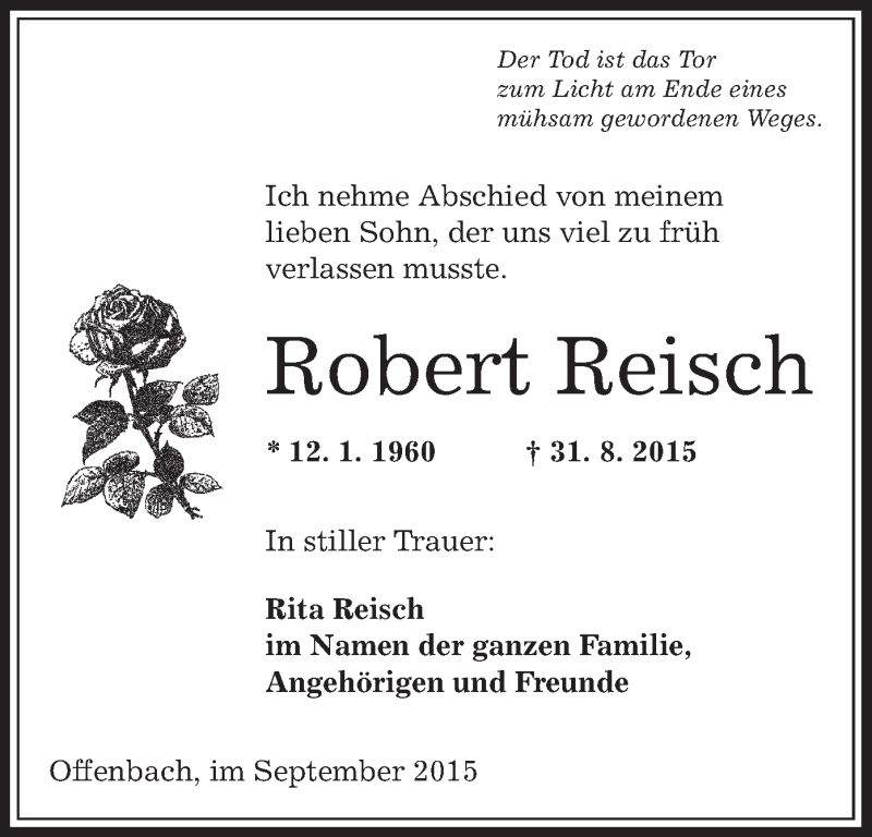  Traueranzeige für Robert Reisch vom 10.09.2015 aus Offenbach