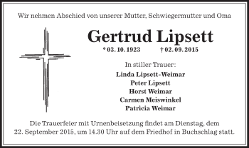 Traueranzeige von Gertrud Lipsett von Offenbach