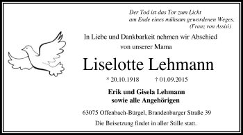 Traueranzeige von Liselotte Lehmann von Offenbach