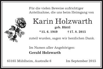 Traueranzeige von Karin Holzwarth von Offenbach