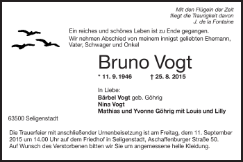 Traueranzeige von Bruno Vogt von Offenbach