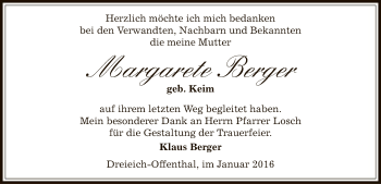 Traueranzeige von Margarete Berger von Offenbach