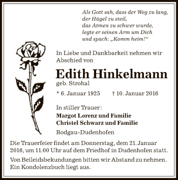 Traueranzeige von Edith Hinkelmann von Offenbach