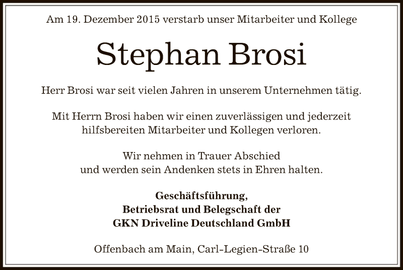  Traueranzeige für Stephan Brosi vom 02.01.2016 aus Offenbach