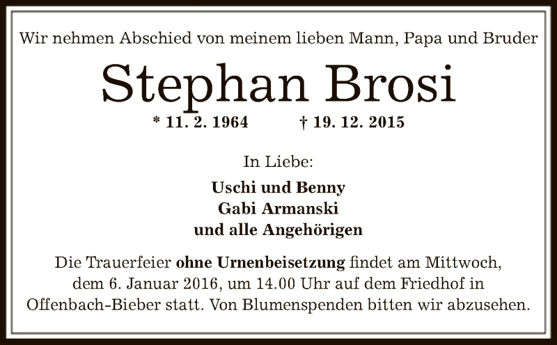  Traueranzeige für Stephan Brosi vom 02.01.2016 aus Offenbach
