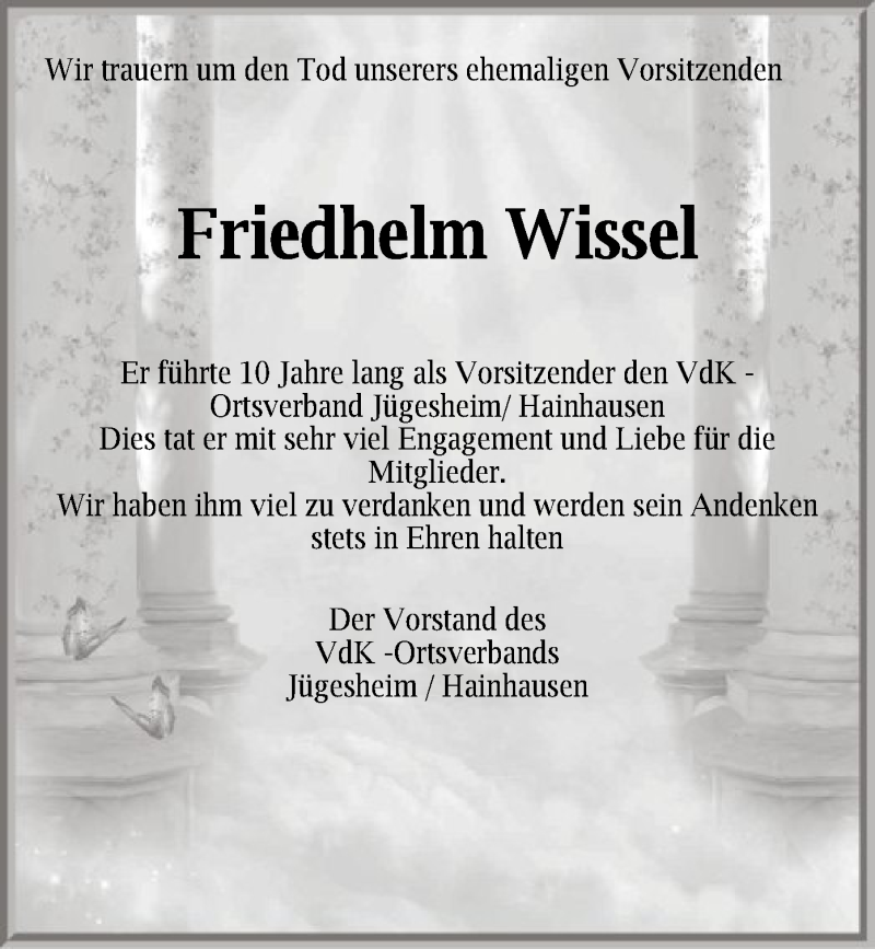  Traueranzeige für Friedhelm Wissel vom 28.01.2016 aus Offenbach
