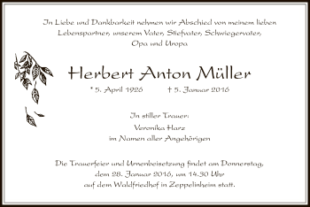 Traueranzeige von Herbert Anton Müller von Offenbach