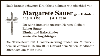 Traueranzeige von Margarete Sauer von Offenbach