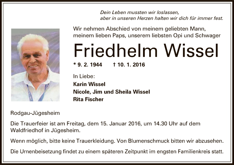  Traueranzeige für Friedhelm Wissel vom 14.01.2016 aus Offenbach