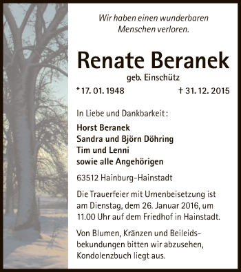 Traueranzeige von Renate Beranek von Offenbach