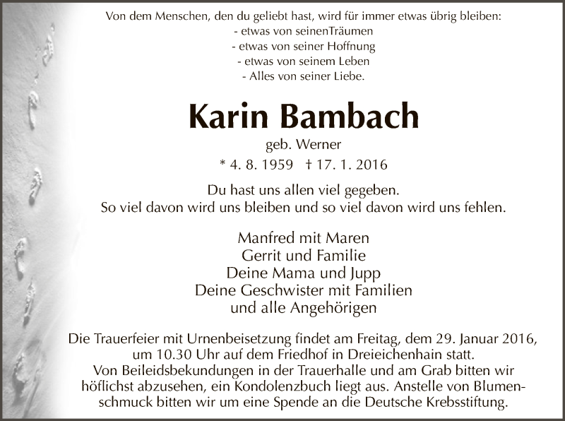  Traueranzeige für Karin Bambach vom 26.01.2016 aus Offenbach