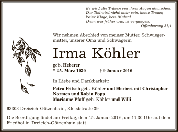 Traueranzeige von Irma Köhler von Offenbach