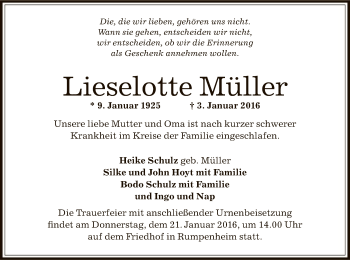 Traueranzeige von Lieselotte Müller von Offenbach