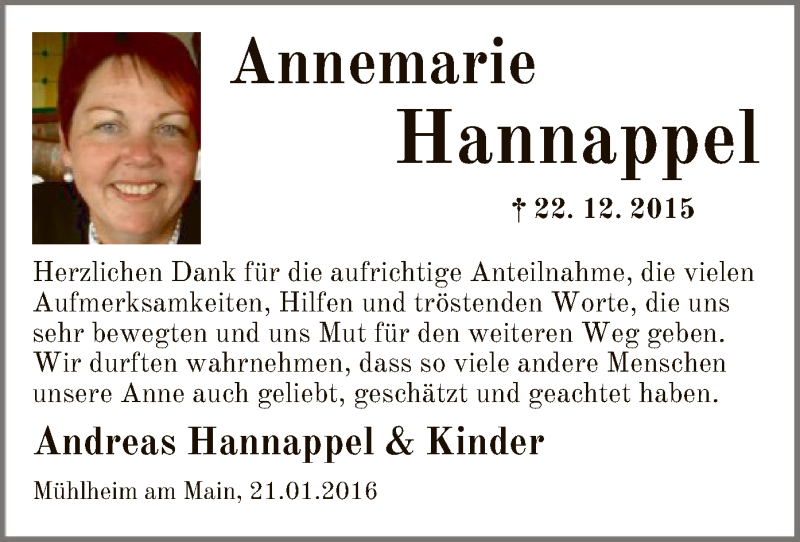  Traueranzeige für Annemarie Hannappel vom 28.01.2016 aus Offenbach