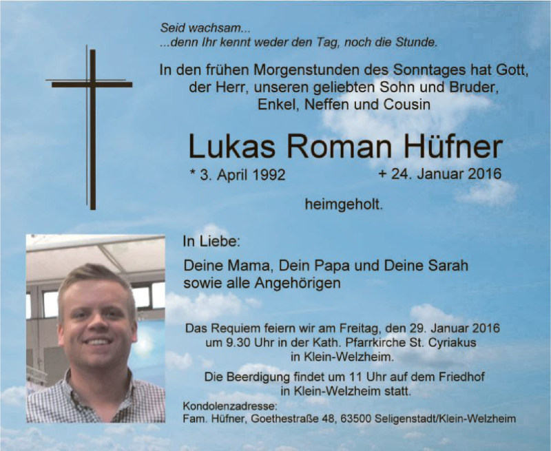  Traueranzeige für Lukas Roman Hüfner vom 28.01.2016 aus Offenbach