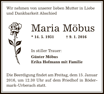 Traueranzeige von Maria Möbus von Offenbach