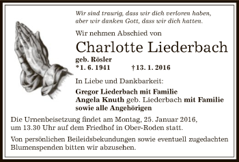 Traueranzeige von Charlotte Liederbach von Offenbach