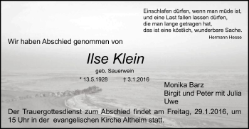 Traueranzeige von Ilse Klein von Offenbach