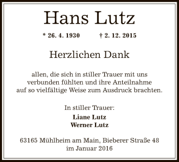 Traueranzeige von Hans Lutz von Offenbach