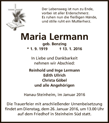 Traueranzeige von Maria Lermann von Offenbach