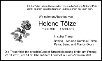 Traueranzeige von Helene Tötzel von Offenbach