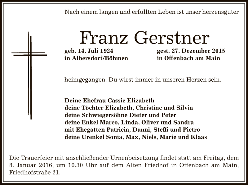  Traueranzeige für Franz Gerstner vom 02.01.2016 aus Offenbach