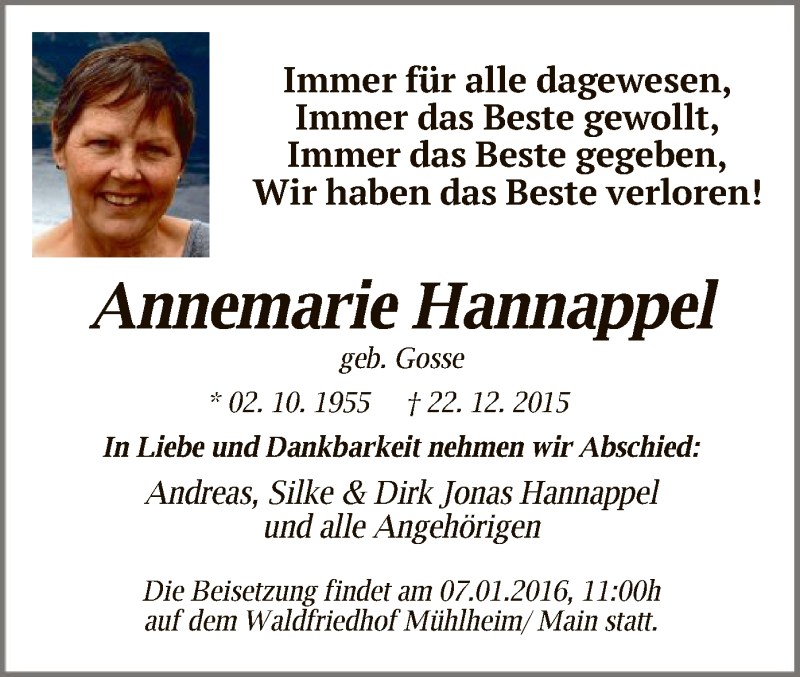  Traueranzeige für Annemarie Hannappel vom 31.12.2015 aus Offenbach