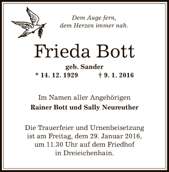 Traueranzeige von Frieda Bott von Offenbach