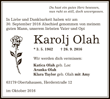 Traueranzeige von Karolj Olah von Offenbach