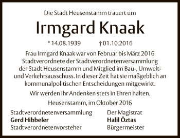 Traueranzeige von Irmgard Knaak von Offenbach