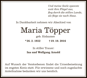 Traueranzeige von Maria Töpper von Offenbach